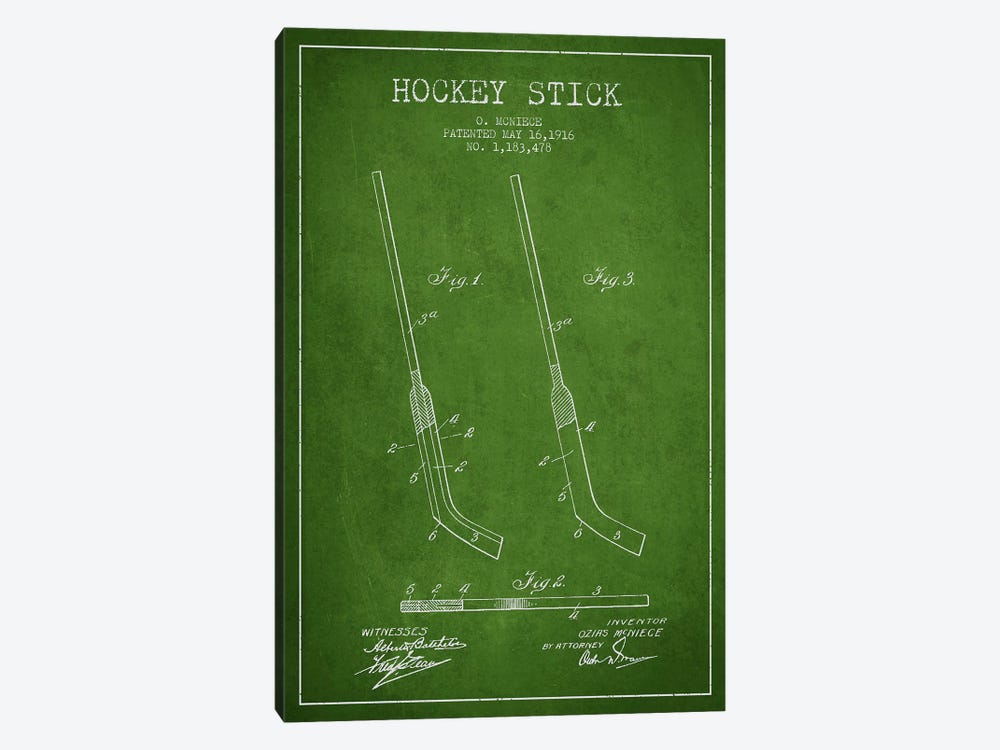 Hockey Stick Green Patent Blueprint by Aged Pixel 1-piece Canvas Artwork
