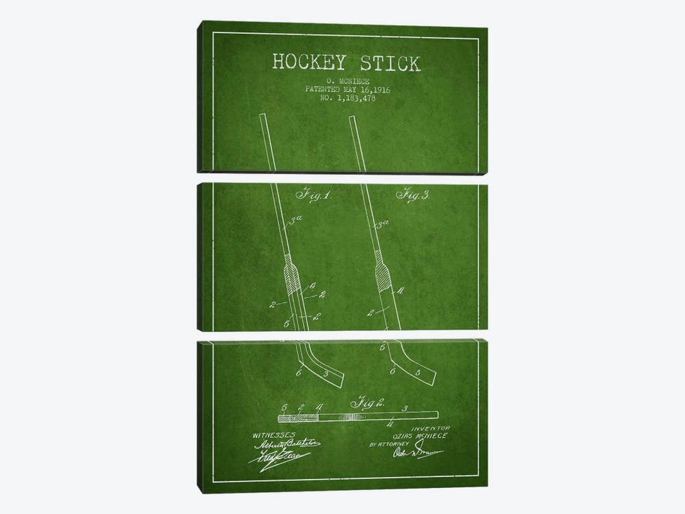 Hockey Stick Green Patent Blueprint by Aged Pixel 3-piece Canvas Art