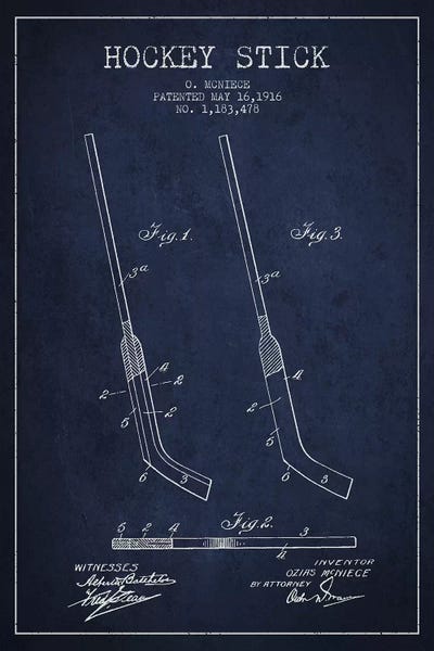 Hockey Stick Navy Blue Patent Blueprint by Aged Pixel multi panel art