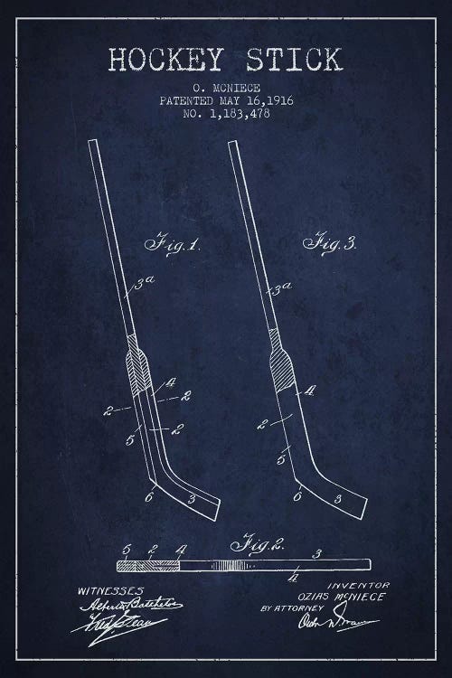 Hockey Stick Navy Blue Patent Blueprint by Aged Pixel wall art