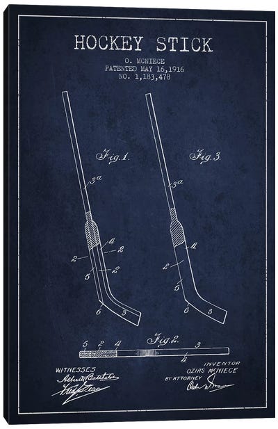 Hockey Stick Navy Blue Patent Blueprint Canvas Art Print - Hockey Art