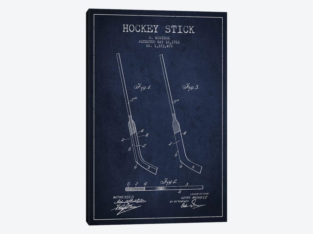 Hockey Stick Navy Blue Patent Blueprint by Aged Pixel 1-piece Art Print