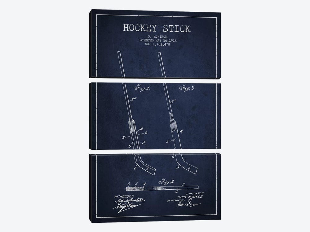 Hockey Stick Navy Blue Patent Blueprint by Aged Pixel 3-piece Canvas Print