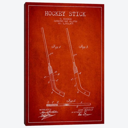 Hockey Stick Red Patent Blueprint Canvas Print #ADP396} by Aged Pixel Canvas Art