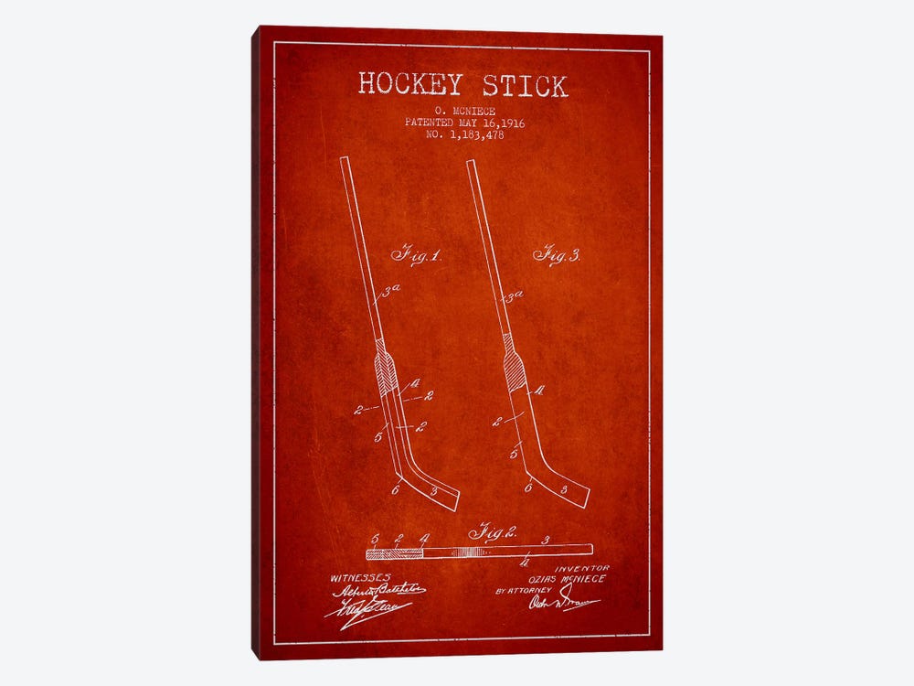 Hockey Stick Red Patent Blueprint by Aged Pixel 1-piece Canvas Art
