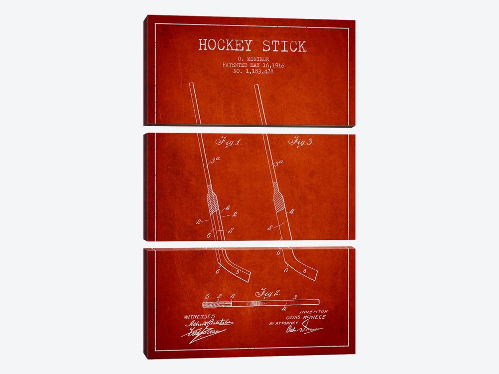 Hockey Stick Red Patent Blueprint by Aged Pixel 3-piece Canvas Wall Art