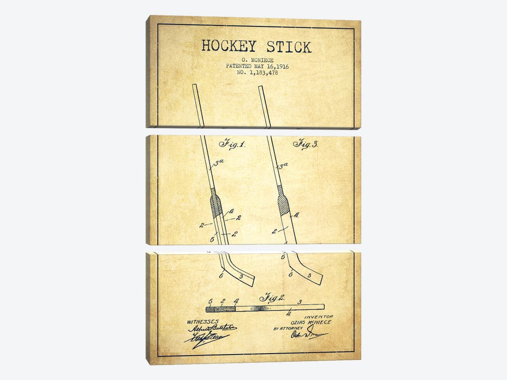Hockey Stick Vintage Patent Blueprint by Aged Pixel 3-piece Canvas Art Print