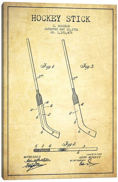 Hockey Stick Vintage Patent Blueprint Canvas Art Print - Aged Pixel: Sports