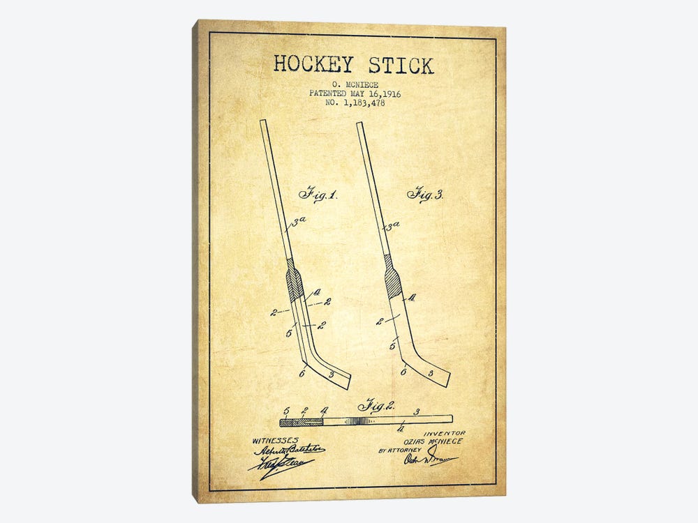 Hockey Stick Vintage Patent Blueprint by Aged Pixel 1-piece Canvas Print