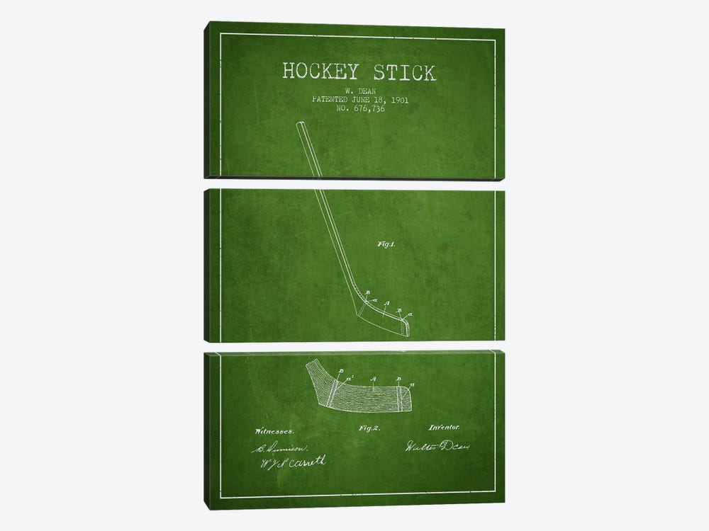 Hockey Stick Green Patent Blueprint by Aged Pixel 3-piece Canvas Print