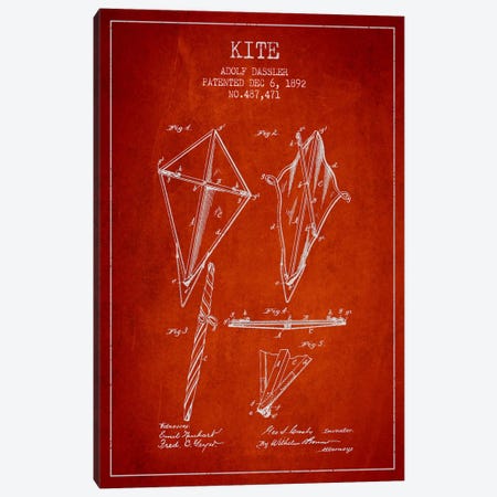 Kite Red Patent Blueprint Canvas Print #ADP39} by Aged Pixel Art Print