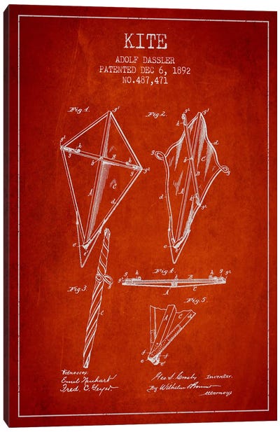 Kite Red Patent Blueprint Canvas Art Print - Kites