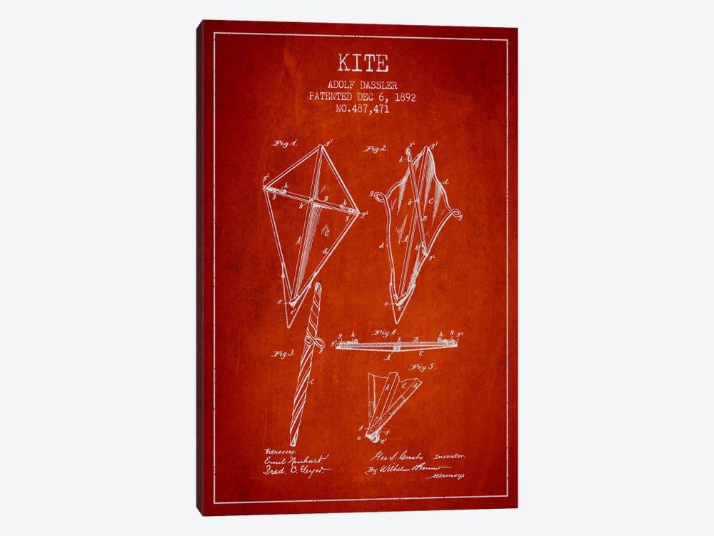 Kite Red Patent Blueprint by Aged Pixel 1-piece Canvas Art Print