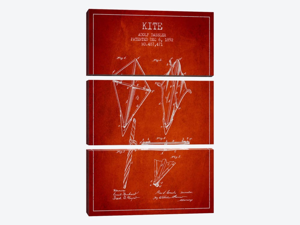 Kite Red Patent Blueprint by Aged Pixel 3-piece Canvas Print