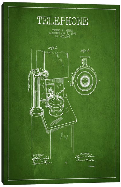 Ahern Telephone Green Patent Blueprint Canvas Art Print - Electronics & Communication Blueprints