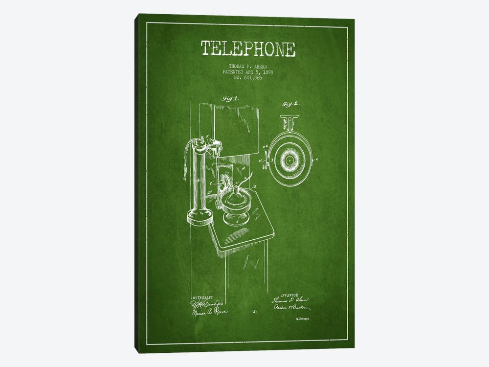 Ahern Telephone Green Patent Blueprint by Aged Pixel 1-piece Canvas Art Print