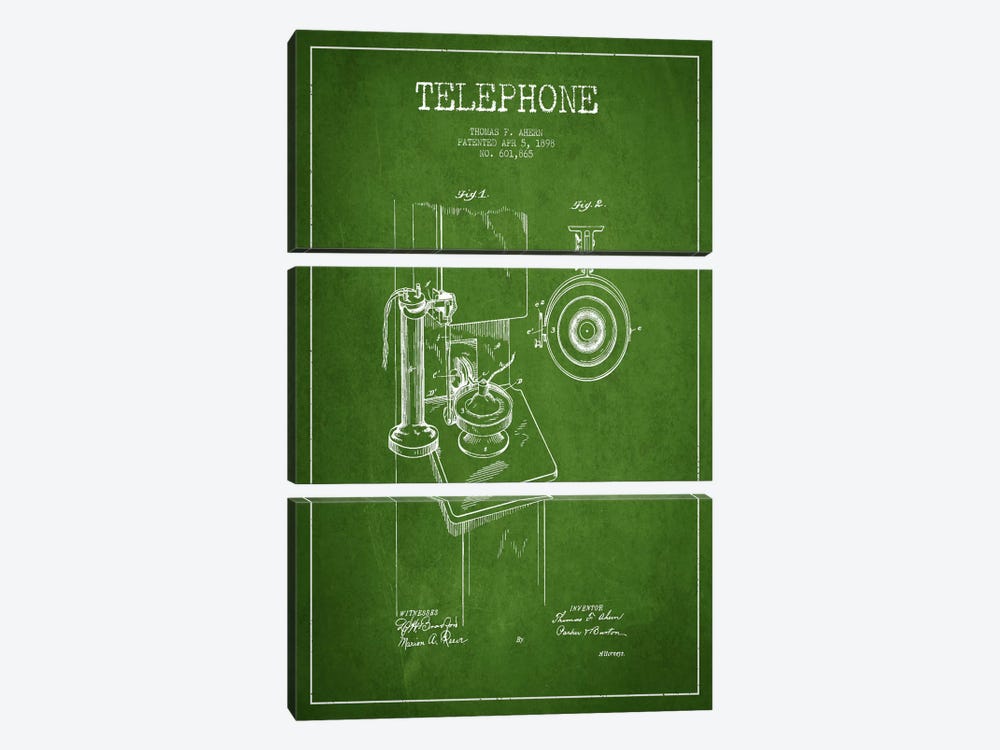 Ahern Telephone Green Patent Blueprint by Aged Pixel 3-piece Canvas Print