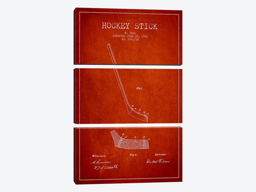 Hockey Stick Red Patent Blueprint by Aged Pixel 3-piece Art Print