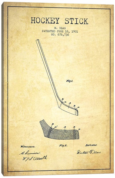 Hockey Stick Vintage Patent Blueprint Canvas Art Print - Aged Pixel: Sports