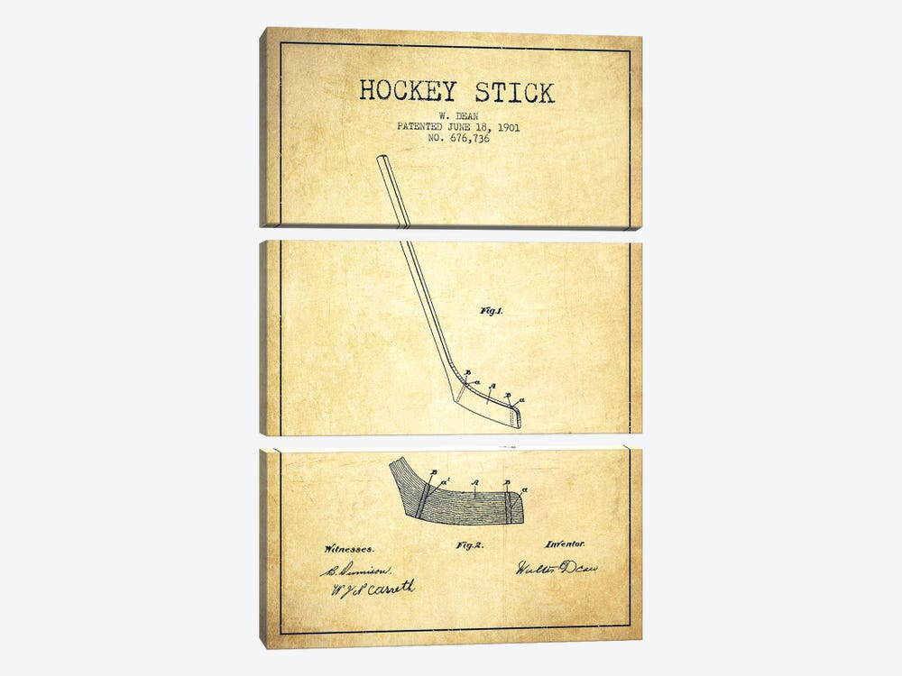 Hockey Stick Vintage Patent Blueprint by Aged Pixel 3-piece Canvas Art