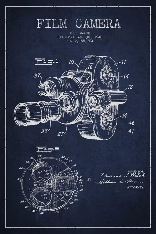 Camera Navy Blue Patent Blueprint by Aged Pixel wall art