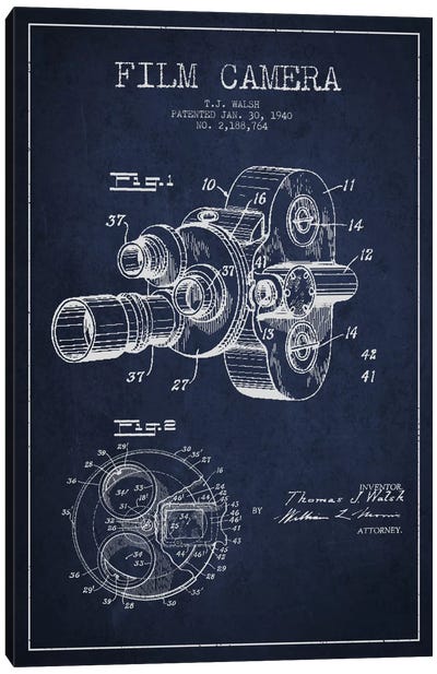 Camera Navy Blue Patent Blueprint Canvas Art Print