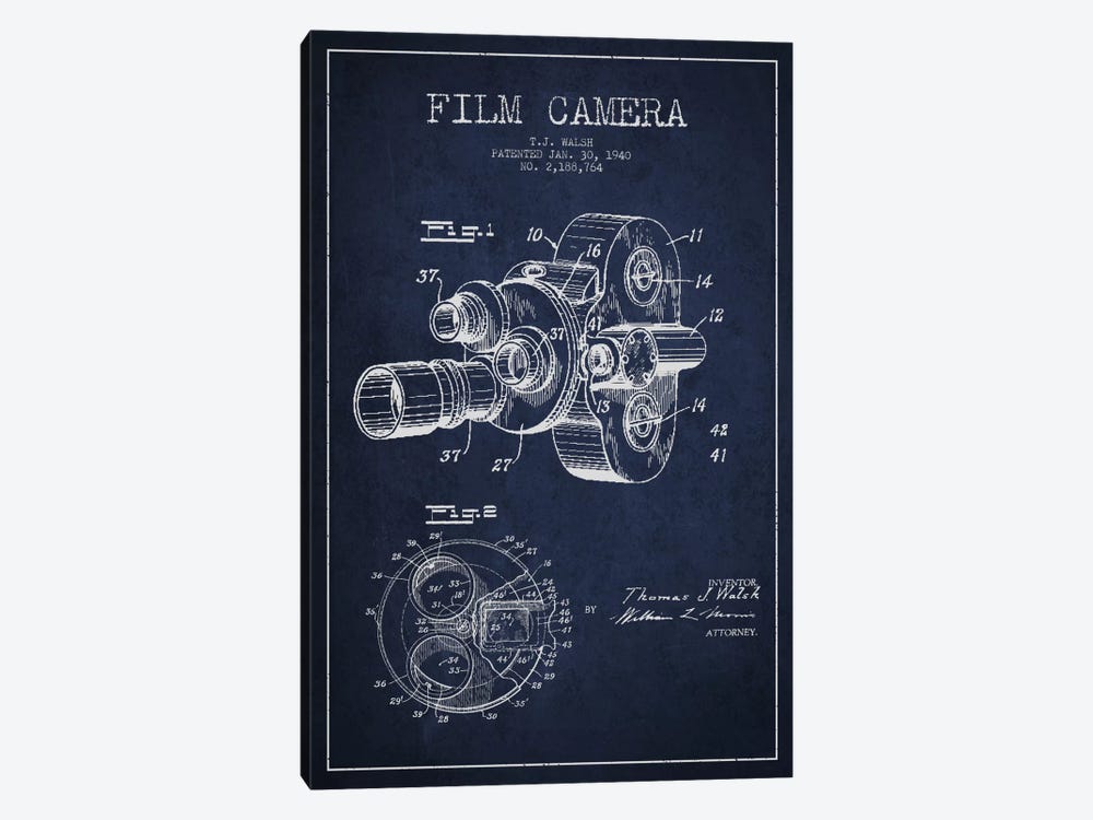 Camera Navy Blue Patent Blueprint 1-piece Canvas Art Print