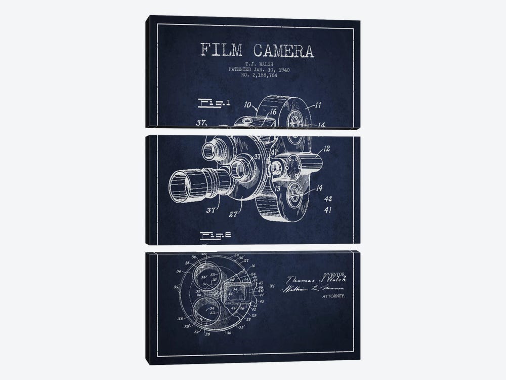 Camera Navy Blue Patent Blueprint by Aged Pixel 3-piece Canvas Art Print