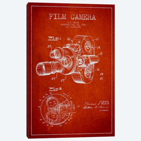 Camera Red Patent Blueprint Canvas Print #ADP404} by Aged Pixel Canvas Wall Art