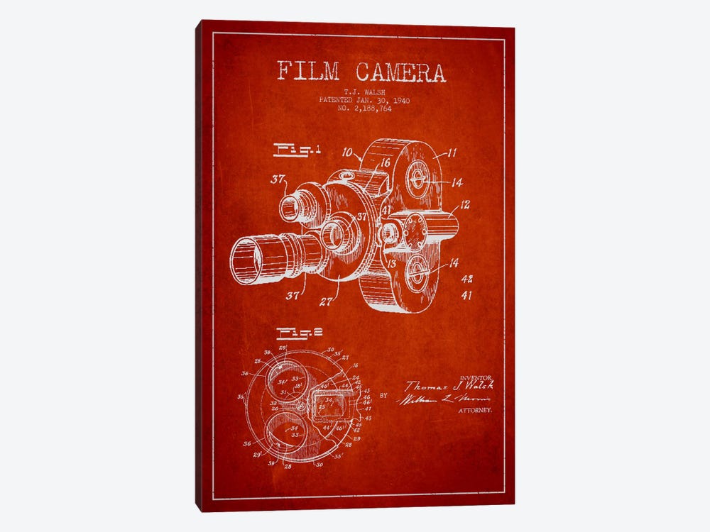Camera Red Patent Blueprint by Aged Pixel 1-piece Canvas Wall Art
