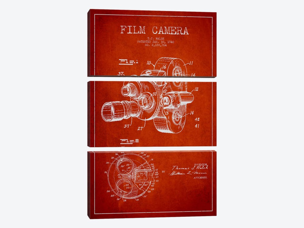 Camera Red Patent Blueprint by Aged Pixel 3-piece Canvas Art