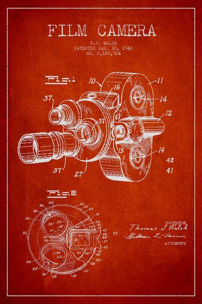 Electronics & Communication Blueprints: Camera Red Patent Blueprint by Aged Pixel