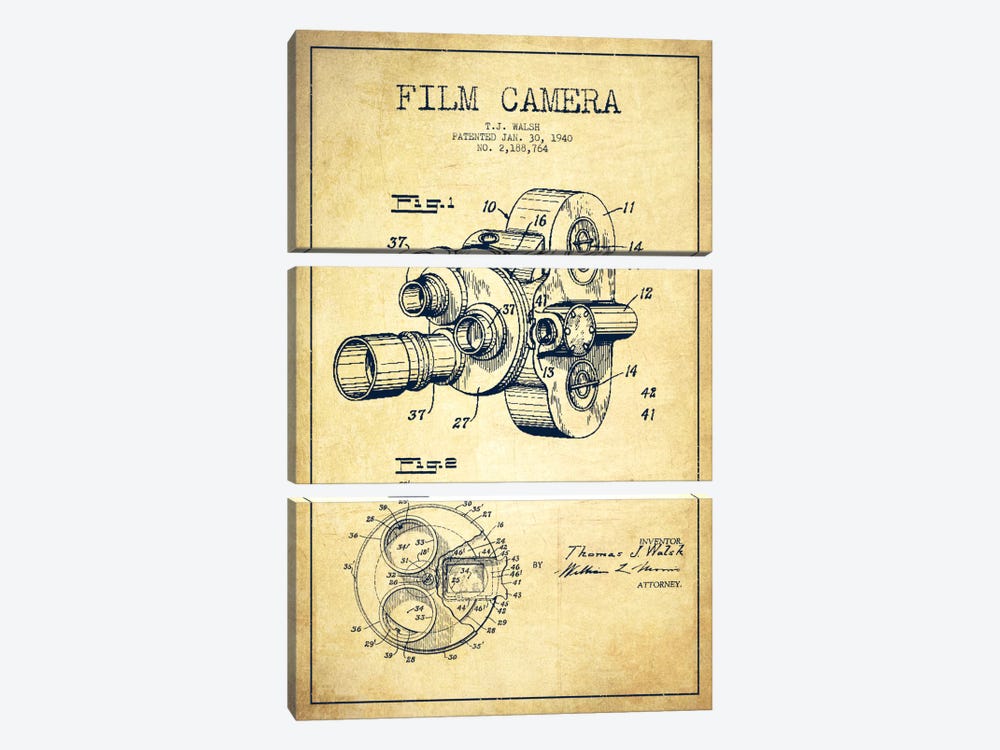 Camera Vintage Patent Blueprint by Aged Pixel 3-piece Canvas Print