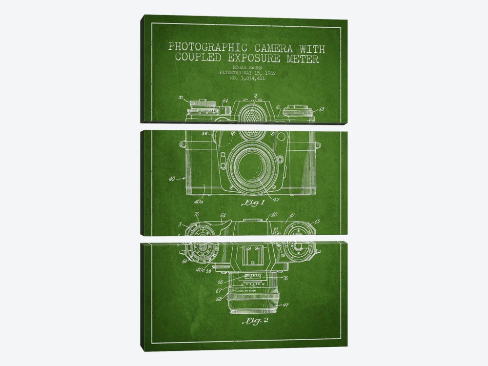Camera Green Patent Blueprint by Aged Pixel 3-piece Art Print