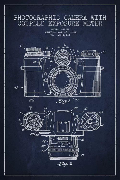 Camera Navy Blue Patent Blueprint by Aged Pixel wall art
