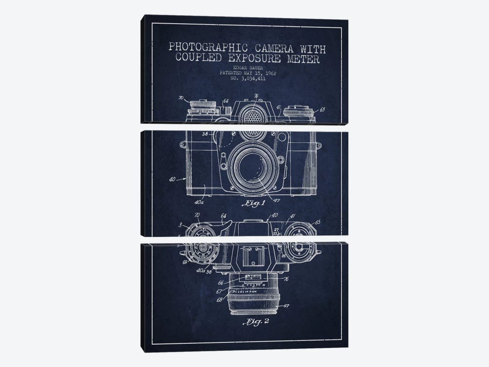 Camera Navy Blue Patent Blueprint by Aged Pixel 3-piece Canvas Art