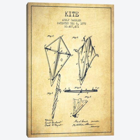 Kite Vintage Patent Blueprint Canvas Print #ADP40} by Aged Pixel Canvas Wall Art