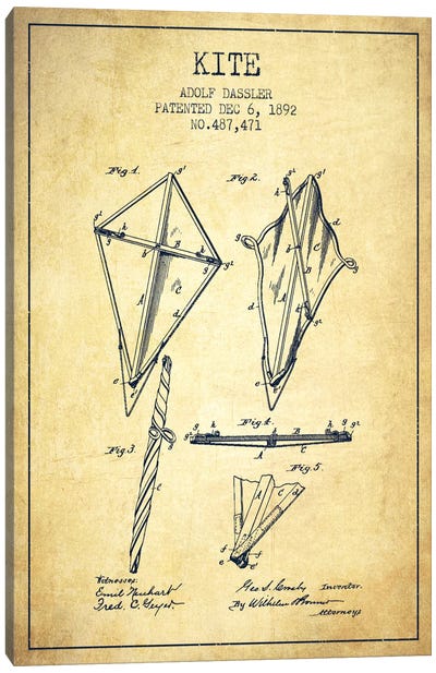 Kite Vintage Patent Blueprint Canvas Art Print - Aged Pixel: Toys & Games