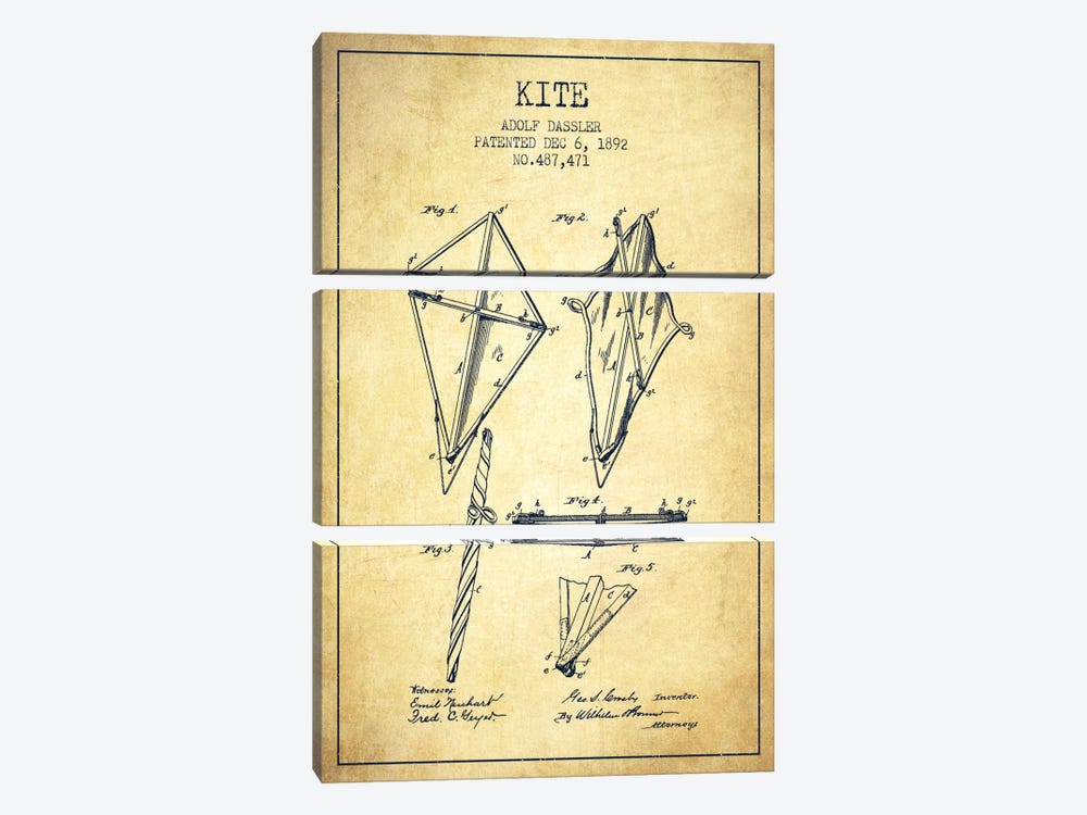 Kite Vintage Patent Blueprint by Aged Pixel 3-piece Art Print