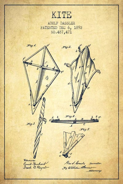 Toy & Game Blueprints: Kite Vintage Patent Blueprint by Aged Pixel