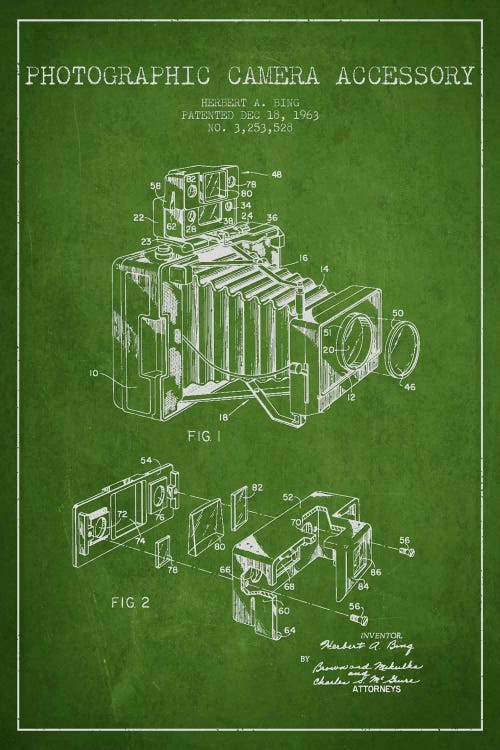 Camera Green Patent Blueprint by Aged Pixel wall art