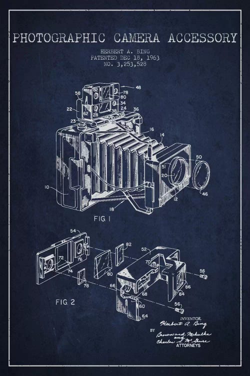 Camera Navy Blue Patent Blueprint by Aged Pixel wall art