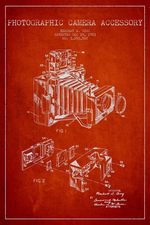 Camera Red Patent Blueprint by Aged Pixel wall art
