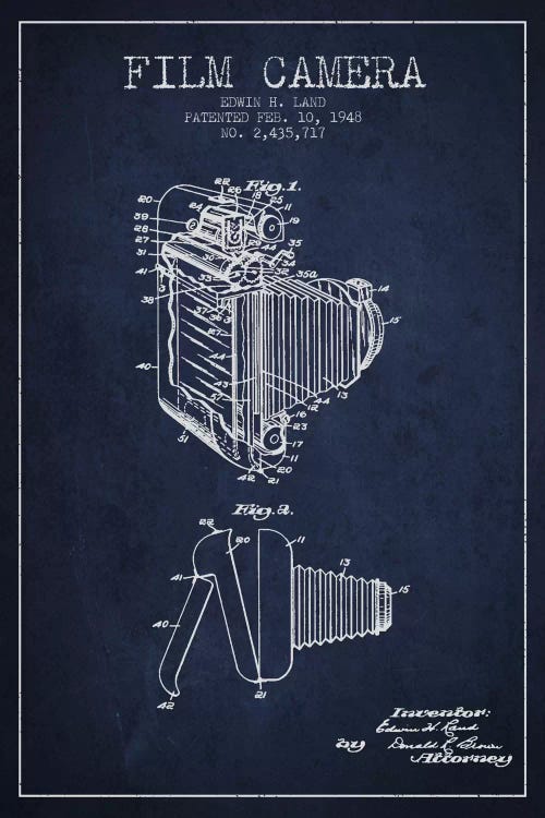 Camera Navy Blue Patent Blueprint by Aged Pixel wall art