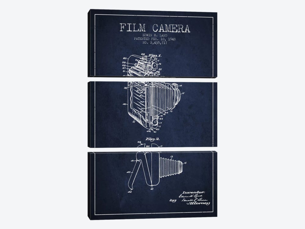 Camera Navy Blue Patent Blueprint by Aged Pixel 3-piece Canvas Print