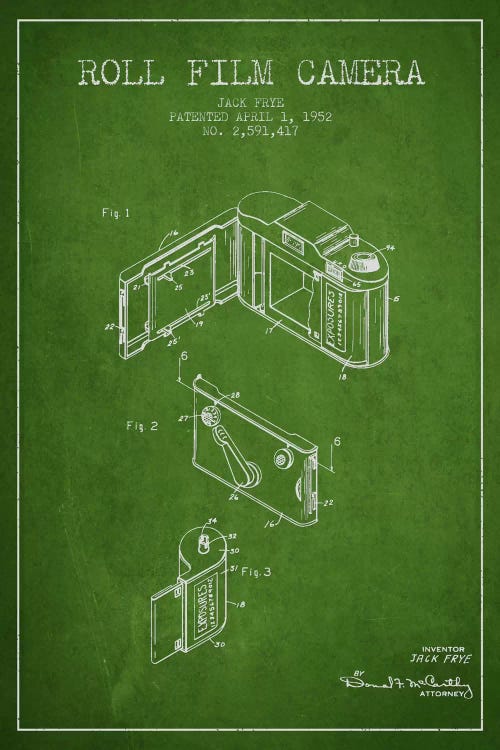 Camera Green Patent Blueprint by Aged Pixel wall art