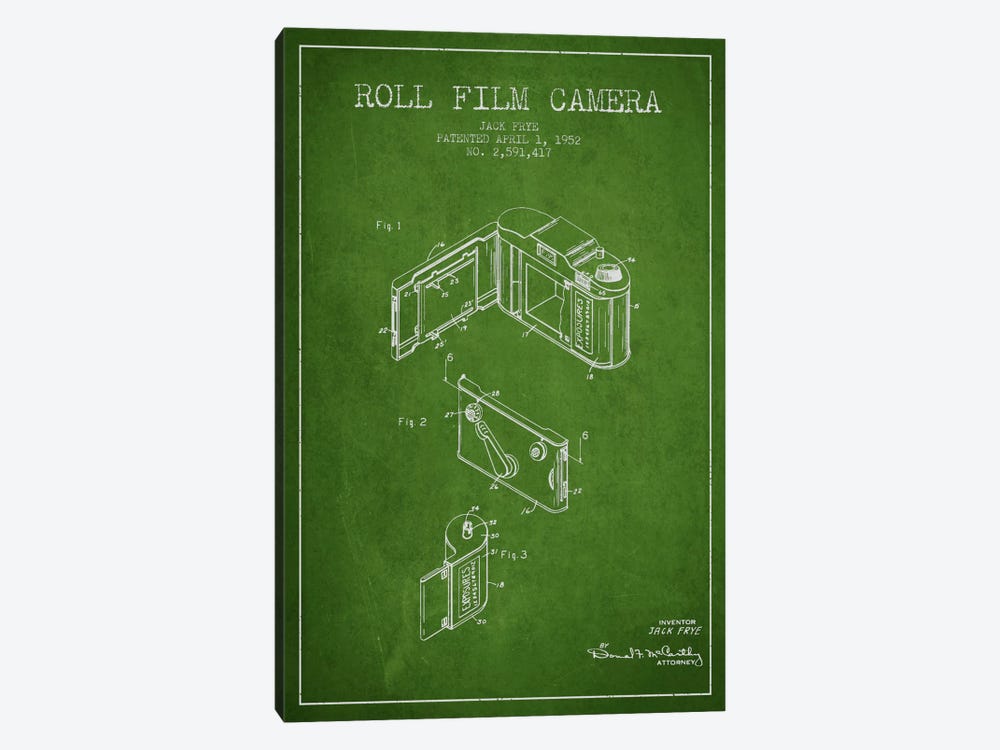 Camera Green Patent Blueprint by Aged Pixel 1-piece Canvas Artwork