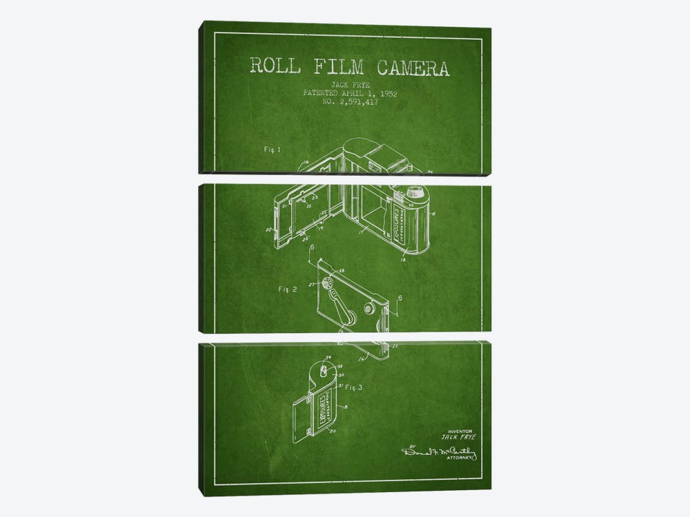Camera Green Patent Blueprint by Aged Pixel 3-piece Canvas Artwork