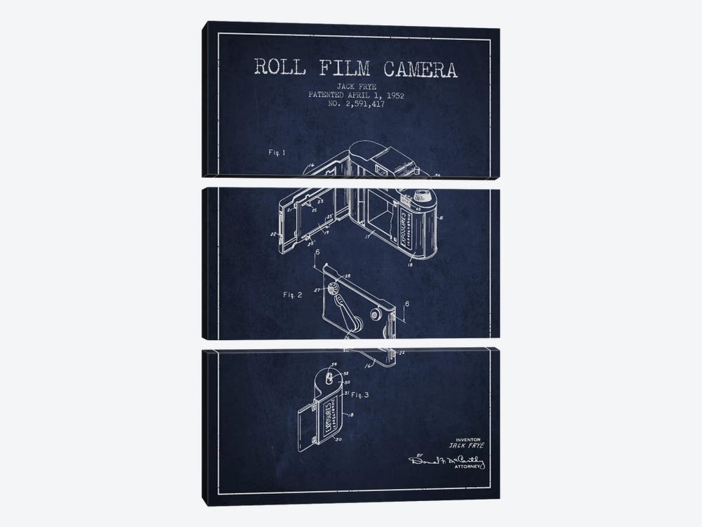 Camera Navy Blue Patent Blueprint by Aged Pixel 3-piece Canvas Art Print