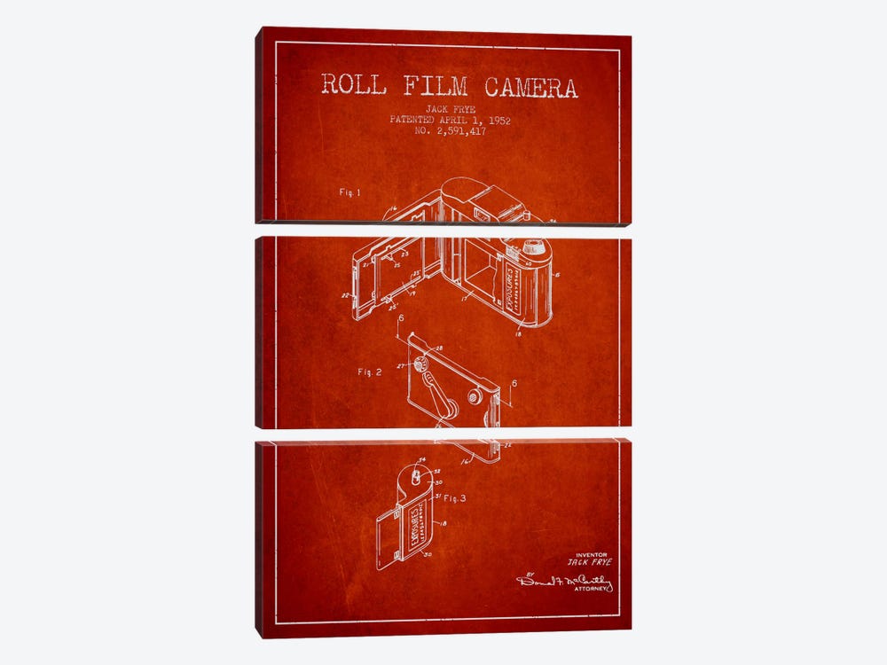 Camera Red Patent Blueprint by Aged Pixel 3-piece Canvas Wall Art
